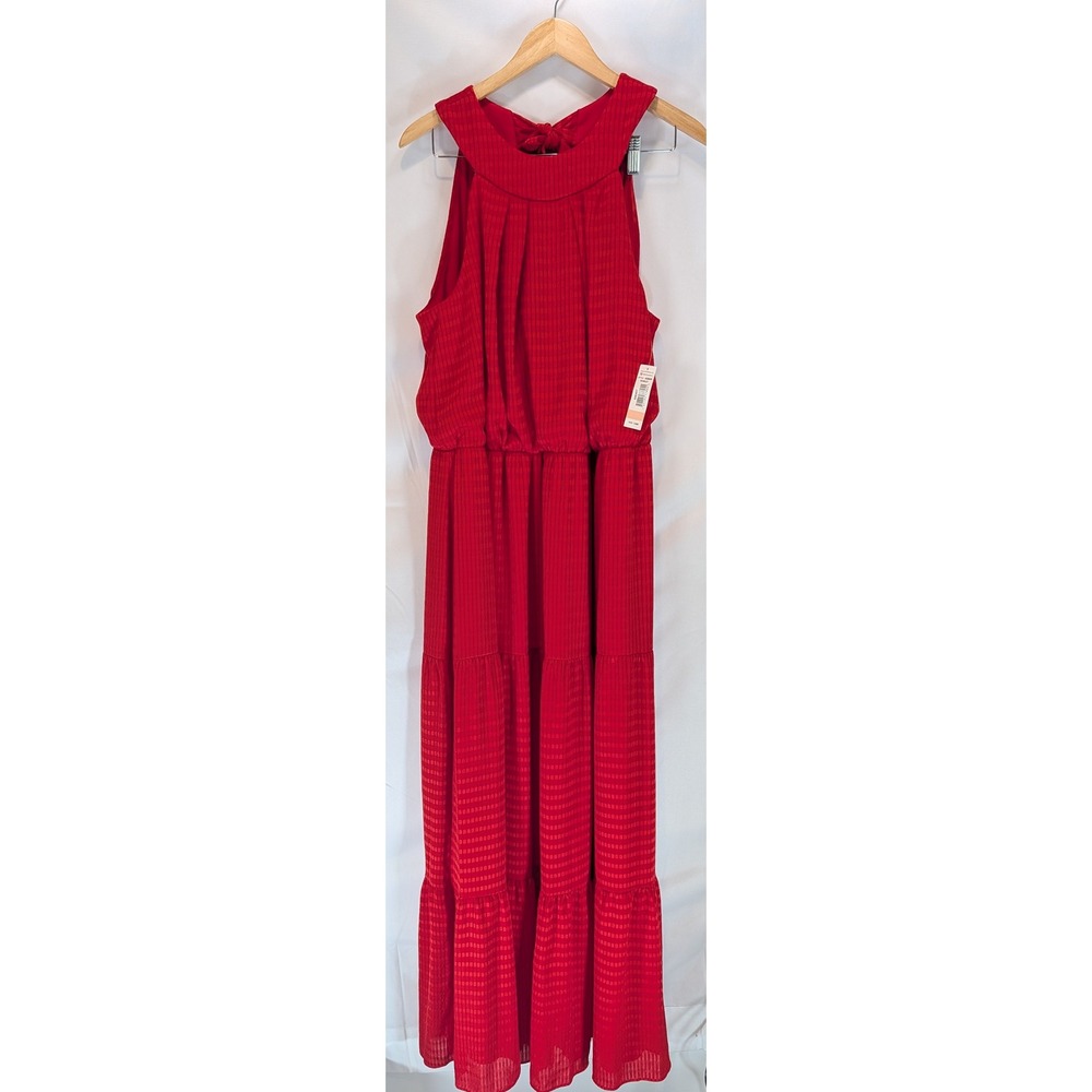 R&M Richards Scarlet Red Halter Maxi Dress Tiered Ruffle Bow Back 14W